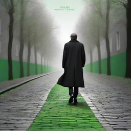 Create a captivating movie poster featuring a man in a black coat standing on a cobbled road