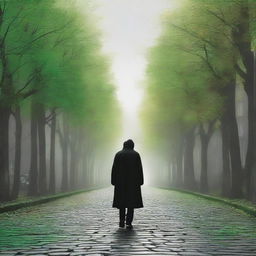 Create a captivating movie poster featuring a man in a black coat standing on a cobbled road