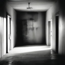 A black and white image of a gas chamber with unsettling shadows