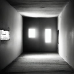 A black and white image of a gas chamber with unsettling shadows