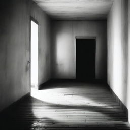 A black and white image of a gas chamber with unsettling shadows