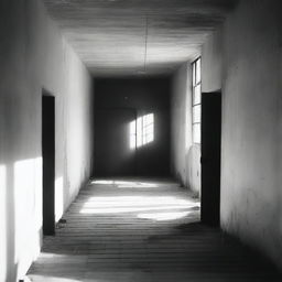 A black and white image of a gas chamber with unsettling shadows