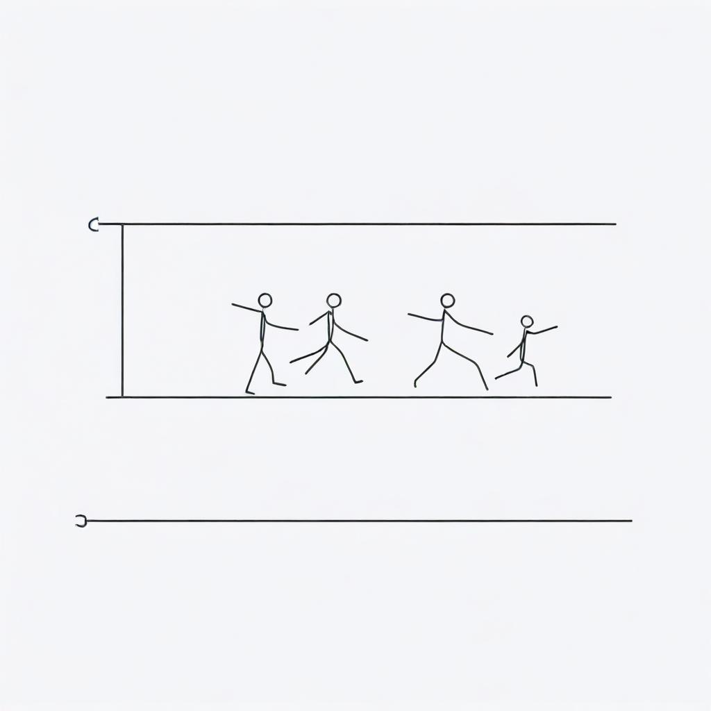 A rectangular image with a pure white background. Inside, place six stick figures at random intervals, equally distributed within the rectangle.