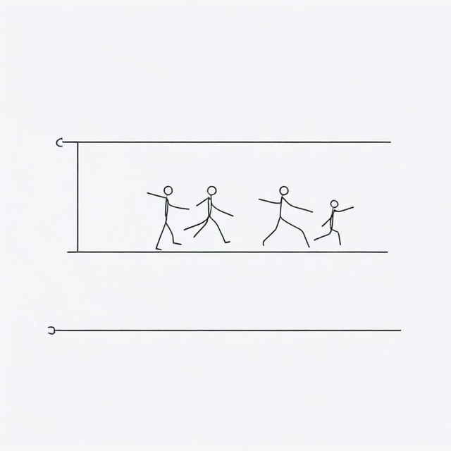 A rectangular image with a pure white background. Inside, place six stick figures at random intervals, equally distributed within the rectangle.