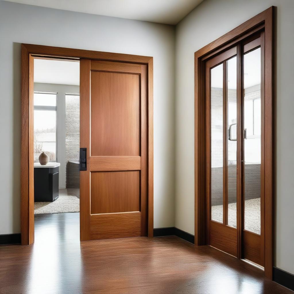 A variety of interior doors in different styles and materials, including wooden, glass, and metal doors