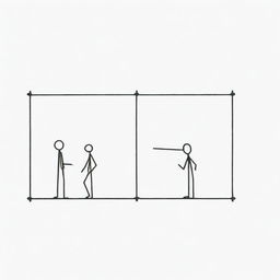 A rectangular image with a pure white background. Inside, place six stick figures at random intervals, equally distributed within the rectangle.