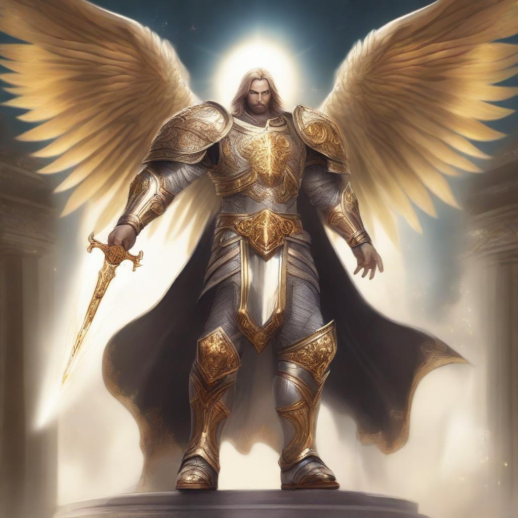 A radiant Aasimar paladin with an angelic aura, standing heroically in a celestial realm