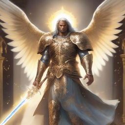 A radiant Aasimar paladin with an angelic aura, standing heroically in a celestial realm