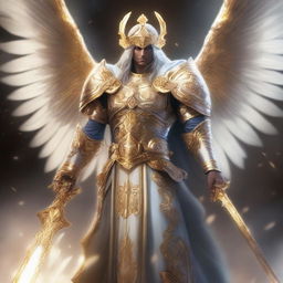 A radiant Aasimar paladin with an angelic aura, standing heroically in a celestial realm