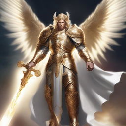 A radiant Aasimar paladin with an angelic aura, standing heroically in a celestial realm