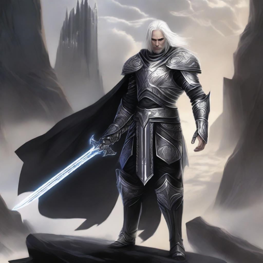 A striking Aasimar paladin with an aura of divine power, standing in a dramatic landscape