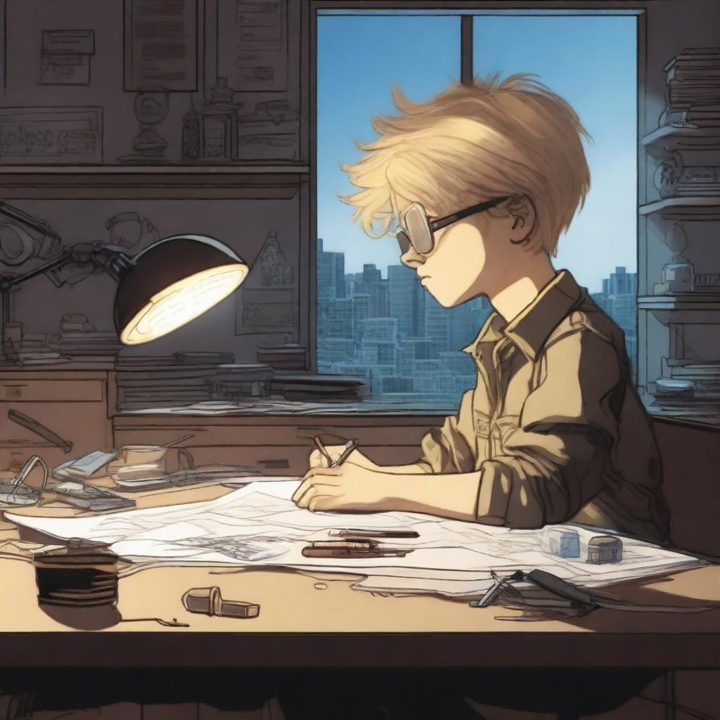 A side profile of a young boy with tousled blond hair and aviator glasses, sitting at his desk in a dimly lit room, engrossed in modifying a watch with intricate tools