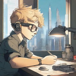 A side profile of a young boy with tousled blond hair and aviator glasses, sitting at his desk in a dimly lit room, engrossed in modifying a watch with intricate tools