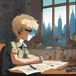 A side profile of a young boy with tousled blond hair and aviator glasses, sitting at his desk in a dimly lit room, engrossed in modifying a watch with intricate tools