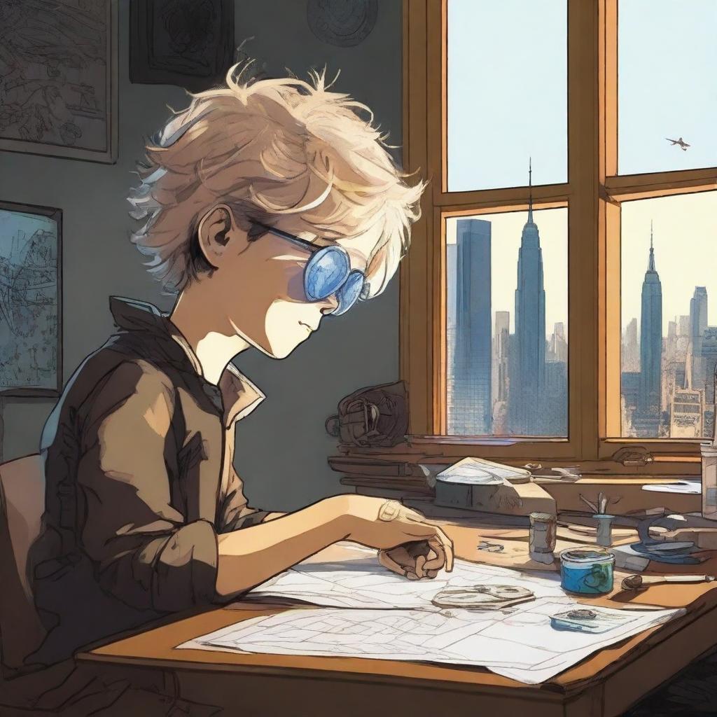 A side profile of a young boy with tousled blond hair and aviator glasses, sitting at his desk in a dimly lit room, engrossed in modifying a watch with intricate tools