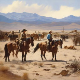 Create a western landscape featuring women and cowboys