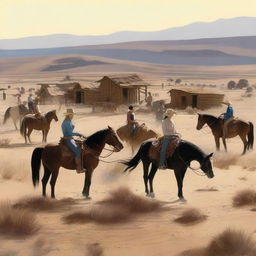 Create a western landscape featuring women and cowboys