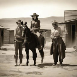 Create a western landscape featuring women and cowboys