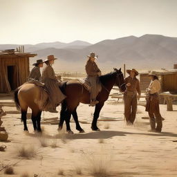 Create a western landscape featuring women and cowboys