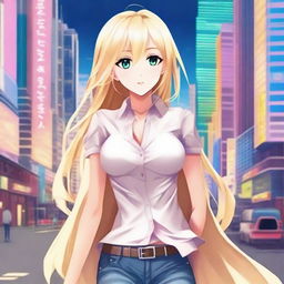 Create an image of an attractive anime girl with blonde hair