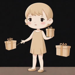 A kawaii style cartoon illustration of a short-haired girl in nude and beige colors, looking tired as she distributes gifts to a long line of eager people, against a black background.