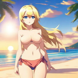 A blonde anime girl wearing a bikini, standing on a beach with the ocean in the background