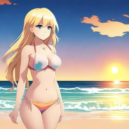 A blonde anime girl wearing a bikini, standing on a beach with the ocean in the background