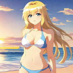 A blonde anime girl wearing a bikini, standing on a beach with the ocean in the background