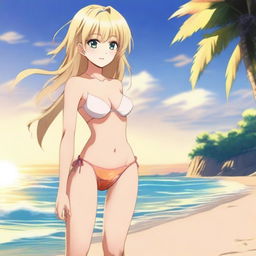 A blonde anime girl wearing a bikini, standing on a beach with the ocean in the background