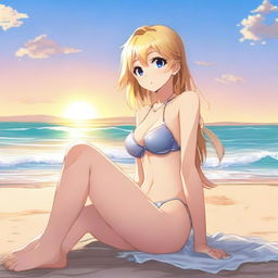 A blonde anime girl sitting on the beach, wearing a bikini