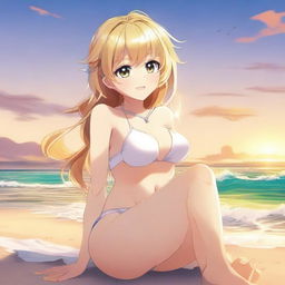 A blonde anime girl sitting on the beach, wearing a bikini