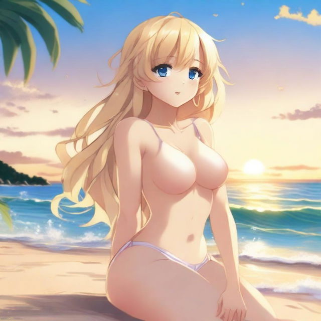 A blonde anime girl sitting on the beach, wearing a bikini