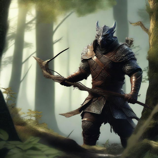 A fierce Dragonborn character stealthily emerging from a dense forest, holding a bow and arrow ready for action