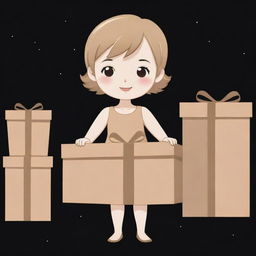 A kawaii style cartoon illustration of a short-haired girl in nude and beige colors, looking tired as she distributes gifts to a long line of eager people, against a black background.