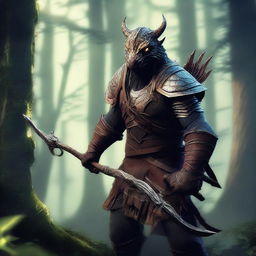 A fierce Dragonborn character stealthily emerging from a dense forest, holding a bow and arrow ready for action