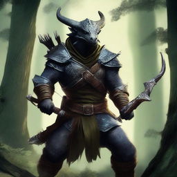 A fierce Dragonborn character stealthily emerging from a dense forest, holding a bow and arrow ready for action