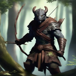 A fierce Dragonborn character stealthily emerging from a dense forest, holding a bow and arrow ready for action