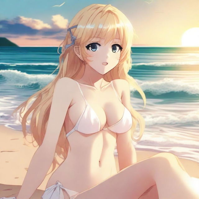 A blonde anime girl sitting on the beach, wearing a bikini