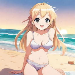 A blonde anime girl sitting on the beach, wearing a bikini