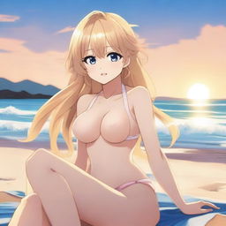 A blonde anime girl sitting on the beach, wearing a bikini