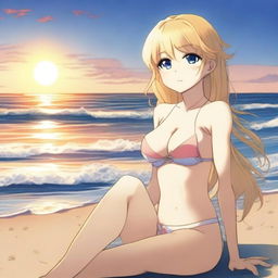 A blonde anime girl sitting on the beach, wearing a bikini