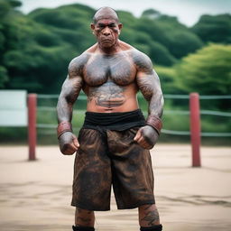 A powerful Goliath monk, standing in a fighting stance, resembling a Muay Thai fighter