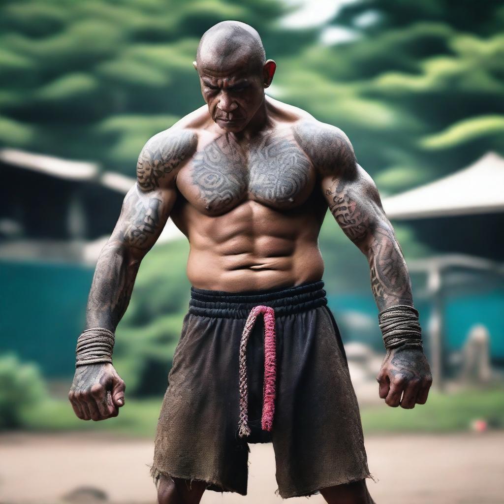 A powerful Goliath monk, standing in a fighting stance, resembling a Muay Thai fighter