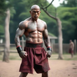 A powerful Goliath monk, standing in a fighting stance, resembling a Muay Thai fighter