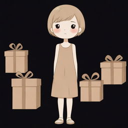 A kawaii style cartoon illustration of a short-haired girl in nude and beige colors, looking tired as she distributes gifts to a long line of eager people, against a black background.