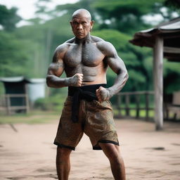 A powerful Goliath monk, standing in a fighting stance, resembling a Muay Thai fighter