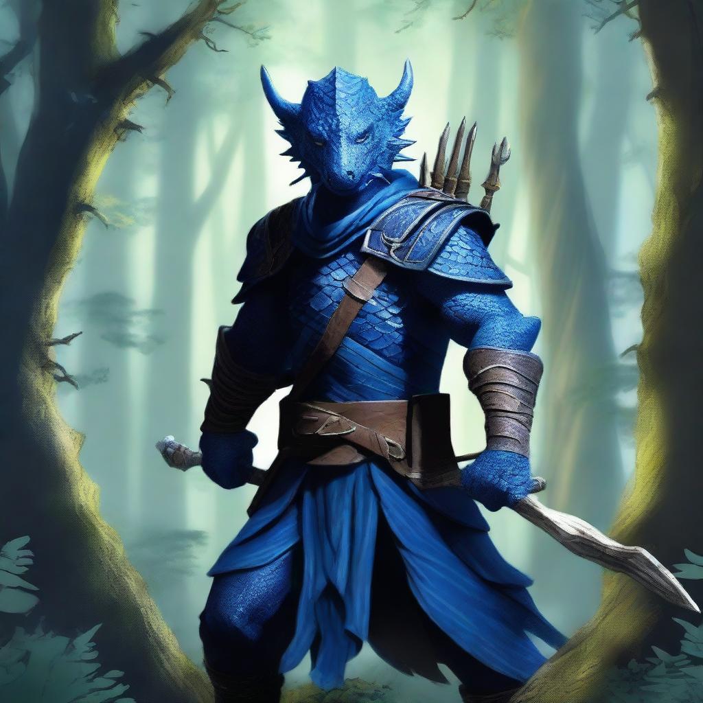 A fierce blue Dragonborn character stealthily emerging from a dense forest, holding a bow and arrow ready for action