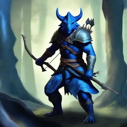 A fierce blue Dragonborn character stealthily emerging from a dense forest, holding a bow and arrow ready for action