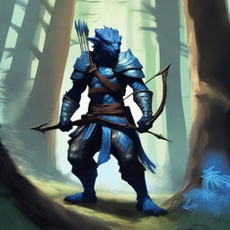 A fierce blue Dragonborn character stealthily emerging from a dense forest, holding a bow and arrow ready for action