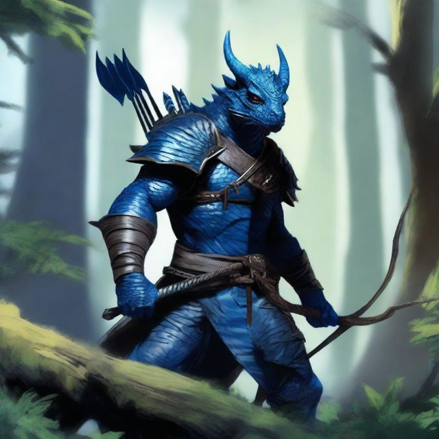 A fierce blue Dragonborn character stealthily emerging from a dense forest, holding a bow and arrow ready for action